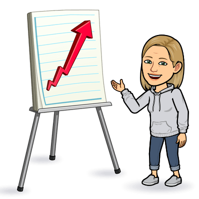 Bitmoji image of Sandra in front of a flipchart display an upwards arrow.