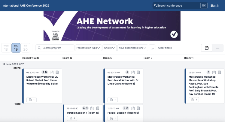 Bookmarked sessions in a calendar list