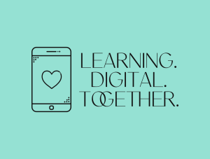 Logo with heart at centre of mobile telephone on the left hand side. The text Learning. Digital. Together. on the right hand side.