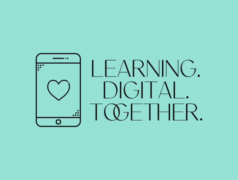 Logo with heart at centre of mobile telephone on the left hand side. The text Learning. Digital. Together. on the right hand side.